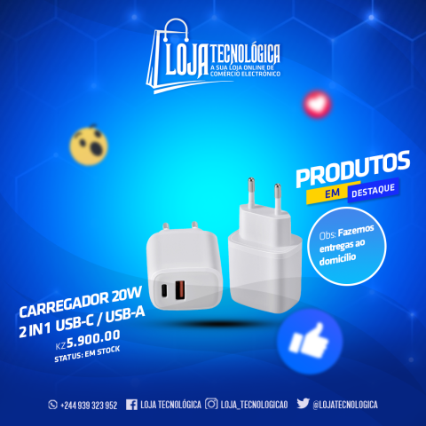 Venda CARREGADOR 20W 2 EM 1 USB-C/ USB-A
